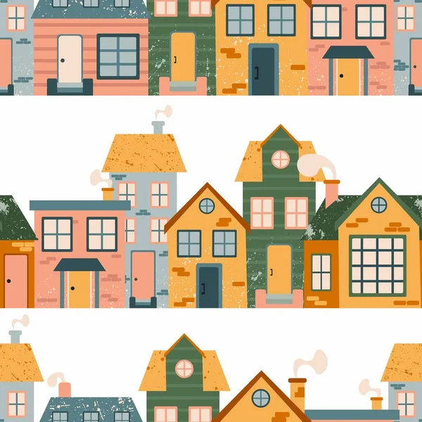 Cartoon Cottage Bezproblémový Vzor Ručně Kreslené Domů Fasádní Ulice Měšťanský — Stockový vektor