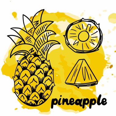 Ananas çizimi. Soyut parlak sarı arkaplan üzerindeki siyah çizgi simgesi, egzotik tropikal meyve taze bütün ve sulu ananas vektörünü metin ile izole edilmiş