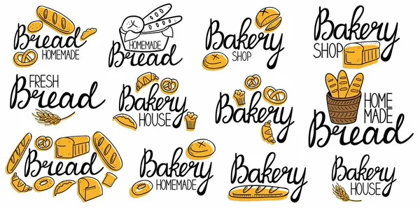 Pastane logosu koleksiyonu. Ekmek ev yapımı amblem seti. Pasta ambalajı için el çizimi karalama etiketi, yerel ürün damgası, çizgi pastasıyla harf, vektör izole edilmiş renkli çıkartma