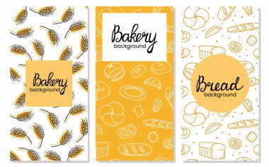 Ekmek dikey arkaplan seti. Fırın ürünleri, baget, kruvasan ve simit. Çizgi film karalama elemanları, reklam posteri, ilan veya afiş fotokopi alanı koleksiyon vektör karalama broşürü