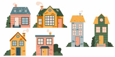 Çizgi film seti. El çizimi ev cephesi, desen ön manzaralı, şirin, parlak bir kasaba evi ve kırsal koleksiyondaki aile evi, gayrimenkul modern tasarım düz tasarım illüstrasyon