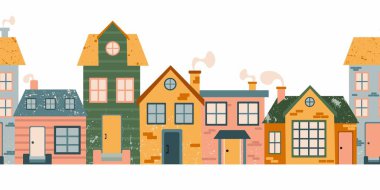 Çizgi film karakteri kusursuz desen. El çizimi ev cephesi caddesi, kasaba evi ve aile evi kırsal kesimde, kentsel sınır dekor tekstili, beyaz arka planda kağıt duvar kağıdı vektör dokusu