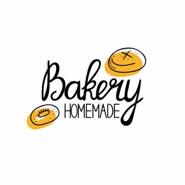 Pastanenin ev yapımı amblemi. Fırın gıda ambalajı için el çizimi karalama etiketi, yerel ürün damgası, çizgi ekmek, kurabiye, pasta logosu vektörü izole edilmiş renkli çıkartma içeren harf etiketi