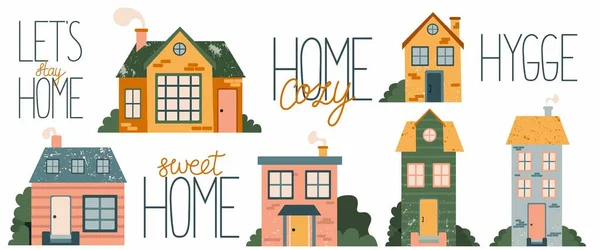 Cartoon Cottage Juego Letras Fachada Casa Dibujada Mano Con Textura — Vector de stock