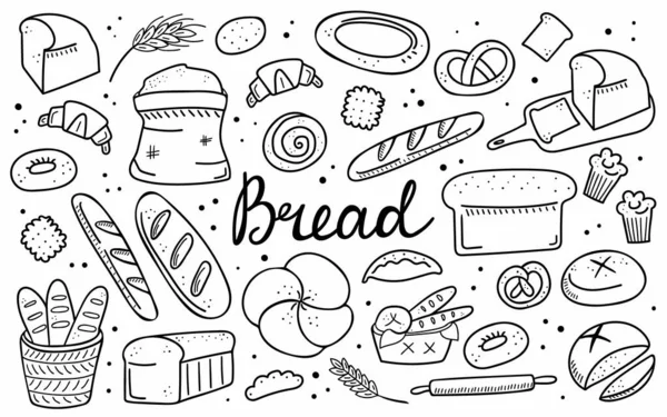 Ekmek karalama seti. Fırın ürünleri, el yapımı baget, kruvasan ve simit, pasta ve çörek. Vektör karikatür siyah beyaz simge koleksiyonu. Menü, çerçeve, tarif tasarımı için resim