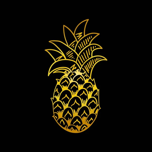 Gold Ananas Print Goldene Linie Symbol Auf Schwarzem Hintergrund Exotische — Stockvektor