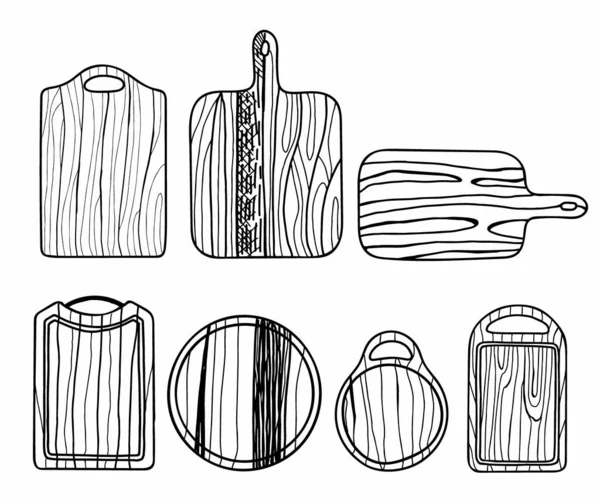 Střihací Prkno Nastaveno Ručně Kreslené Desky Vinobraní Kuchyně Dřevěné Desky — Stockový vektor
