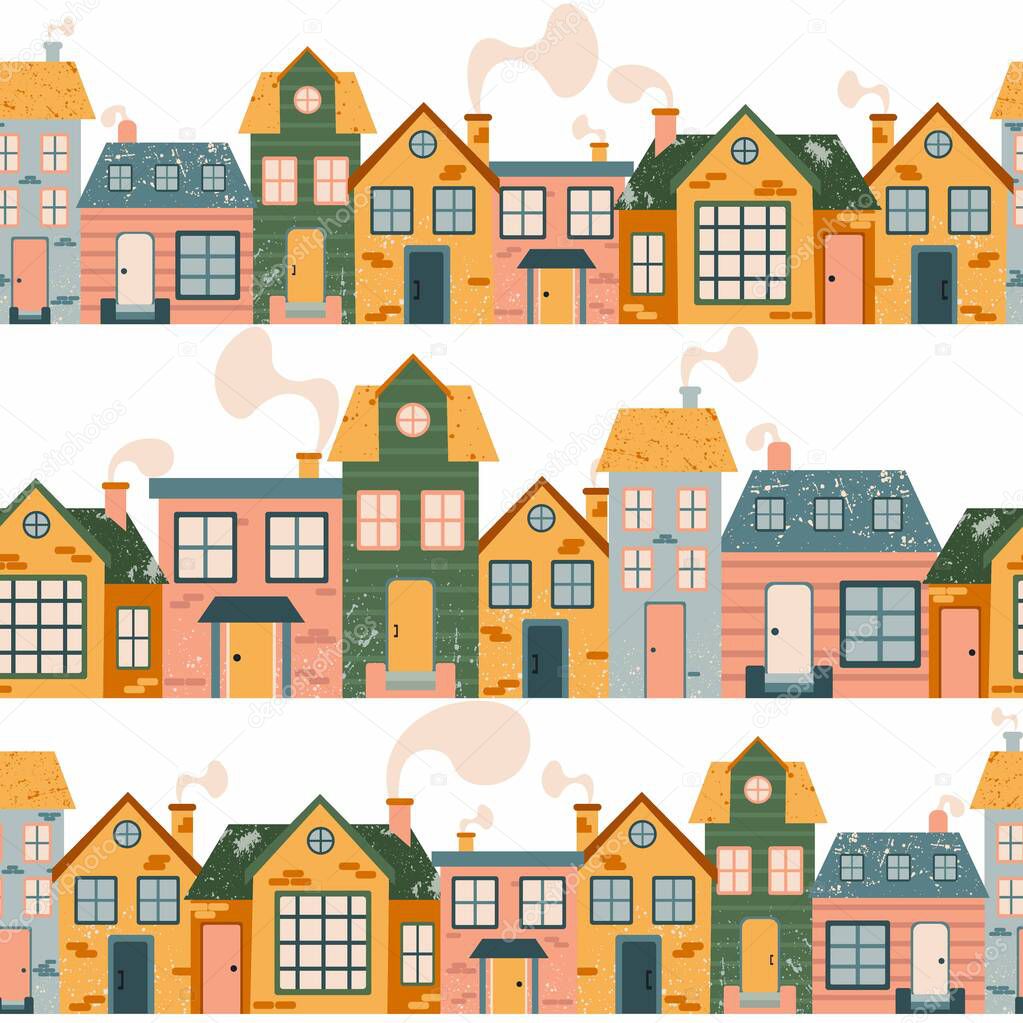 Cartoon Cottage seamless pattern. Hand drawn home facade street, townhouse and family house in countryside, urban border decor textile, wrapping paper wallpaper vector texture on white background