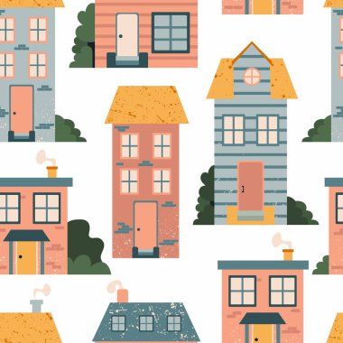 Çizgi film karakteri kusursuz desen. El çizimi ev cephesi caddesi, köy evi ve aile evi, şehir kumaşı tekstili, beyaz arka planda kağıt duvar kağıdı vektör dokusu.