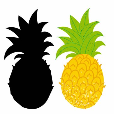 Ananas. Pul desenli egzotik tropikal meyve ve siyah siluet, yeşil yapraklı yeşil ananas karikatürü beyaz arkaplanda izole edilmiş.
