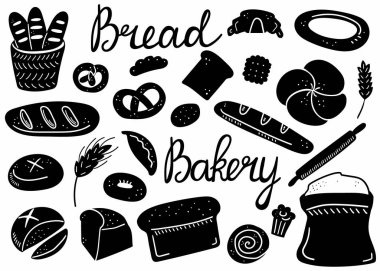 Ekmek karalama seti. Fırın ürünleri, el yapımı baget, kruvasan ve simit, pasta ve çörek. Vektör karikatür silueti siyah beyaz simge koleksiyonu. Menüler ve tasarım için illüstrasyon