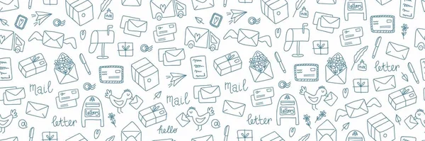Karalama web pankartı yükle. El çizimi şirin postalar ve mektuplar, belgeler, paket ve zarf, klasik yazışmalar, dağıtım servisi ve beyaz yatay arkaplan üzerinde mavi vektör unsurları