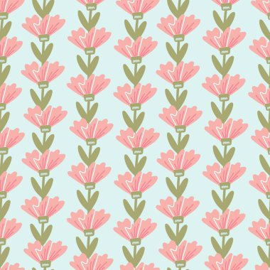 Kağıt, tekstil baskısı, sayfa dolumu için basit, minimalist, pürüzsüz desen tasarımı. Çiçekli arka plan, el çizimi yabani çiçekler ve sıra sıra yapraklar. Parlak karalama vektörü çizimi