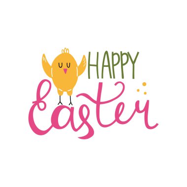 Mutlu Paskalyalar. Mutlu sarı yavru tavuk, yumurta içinde karalama bebek kuş, kümes hayvanı şirin yaratık çizgi film minimalist stil kartpostal el çizimi yazı vektörü düz yalıtılmış poster