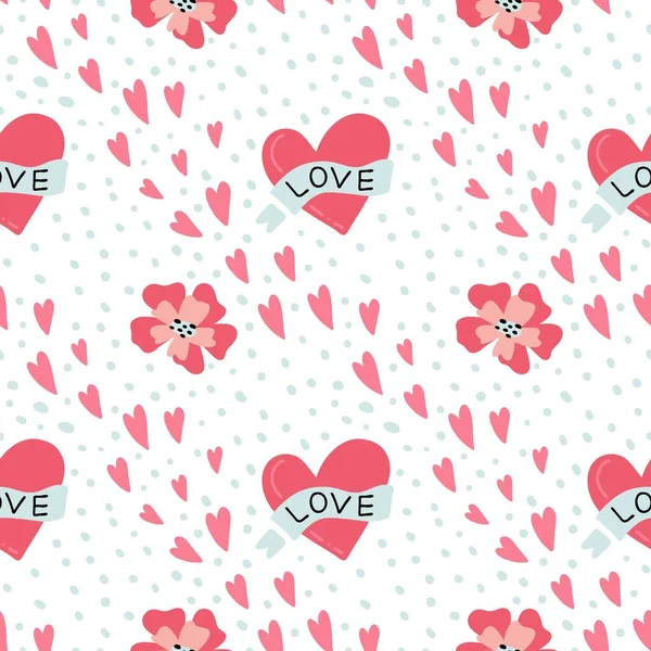 Miluju Bezproblémové Vzorce Růžové Květy Srdce Milostným Textem Ručně Kreslené — Stockový vektor