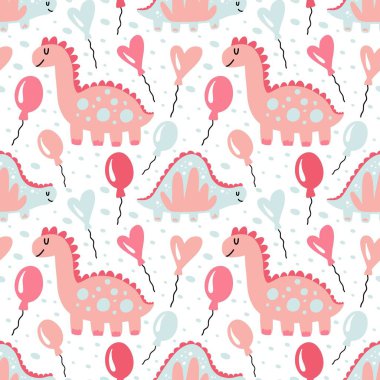 Dinozor kusursuz desen. Şirin pembe karalama dinozoru, el çizimi basit tarih öncesi hayvanlar ve kızların çocuksu resimleri için balonlar. Şenlikli dekor tekstili, paket kağıdı duvar kağıdı vektör dokusu