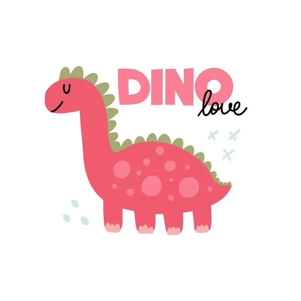 Pembe dinozor. Küçük kız tişörtleri, parmak izleri ve çocuk odası tasarımı için basit tarih öncesi hayvan resmi. Beyaz arka planda yazılı vektör karikatür posteri.
