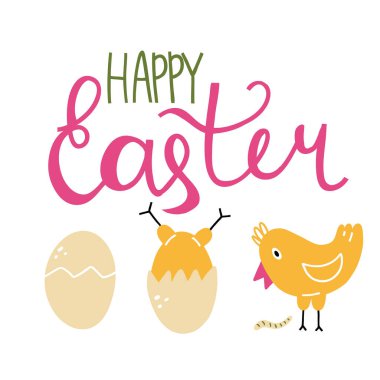 Mutlu Paskalyalar. Mutlu sarı yavru tavuk, yumurta içinde karalama bebek kuş, kümes hayvanları sevimli yaratık çizgi film minimalist stil kartpostal el çizimi yazı, vektör düz izole poster