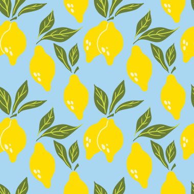 Limonsuz desen. Egzotik tropik sarı turunçgil meyvesi, yeşil yapraklı sulu limonlar. Vektör karikatür minimalist yalıtılmış doku, tekstil, ambalaj kağıdı, duvar kağıdı ve kumaş