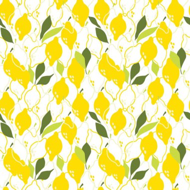 Limon soyut, kusursuz desen. Egzotik tropik sarı turunçgil meyvesi, yeşil yapraklı sulu limonlar. Vektör karikatür minimalist yalıtılmış doku, tekstil, ambalaj kağıdı, duvar kağıdı ve kumaş