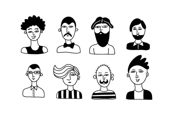 Doodle Mann Handgezeichnete Männliche Gesichter Mit Zeitgenössischem Haarschnitt Und Bart — Stockvektor