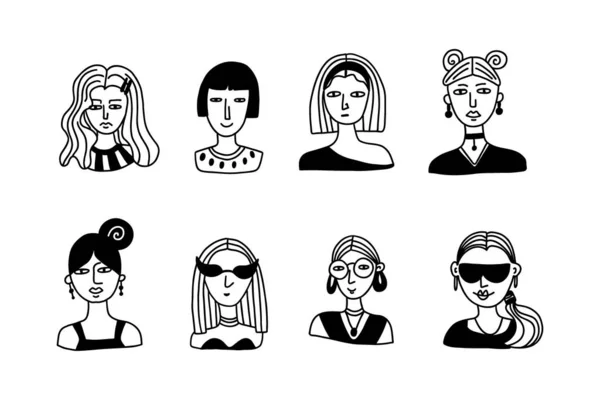 バカ女め 手描きの女性の顔に現代的なヘアカットや眼鏡 ソーシャルメディアのユーザーアバター ヒップスター女性の肖像画 現代的なファッションアイコン ライン黒と白のベクトル隔離された漫画セット — ストックベクタ