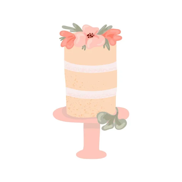 结婚蛋糕 手工画的节日蛋糕 色彩艳丽 奶油装饰花卉和树叶 当代生日美味糖果系列 现代向量孤立的单一说明 — 图库矢量图片