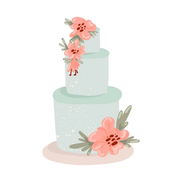 结婚蛋糕 手工画的节日蛋糕 色彩艳丽 用鲜花和树叶装饰着奶油 当代生日糖果收藏现代矢量孤立的单一插图 — 图库矢量图片