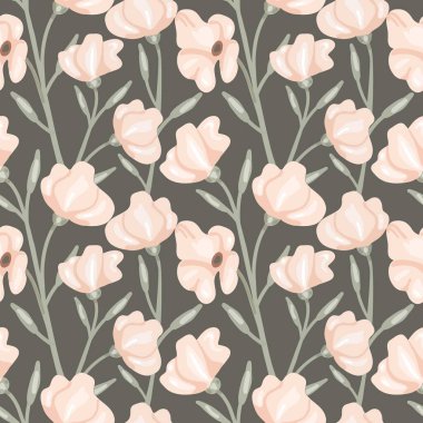 Pastel gül pürüzsüz desen. El çizimi zarif boho botanik arka plan, çiçekler ve yumuşak renkler, modern vektör dekor tekstili, ambalaj kağıdı, duvar kağıdı. Çiçek desenli kumaş