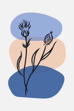 Çiçek posteri asgari düzeyde. El çizimi siyah örme kumaş çiçekleri ve soyut şekilli yapraklar. Bitki ve çayır bitkisi koleksiyonu, modern duvar resmi dekoru. Vektör botanik çizimi