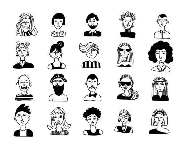 人をだまして 手描きの男性と女性の顔 ソーシャルメディアユーザーアバターコレクション ヒップスター男性と女性の肖像画 現代の人間のアイコン 線黒と白のベクトル絶縁漫画セット — ストックベクタ