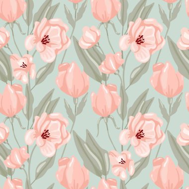 Pastel şakayık, pürüzsüz desen. El çizimi Boho tarzı botanik arka plan, çiçekler ve yapraklar yumuşak renkler, modern vektör dekor tekstili, ambalaj kağıdı, duvar kağıdı. Çiçek desenli kumaş