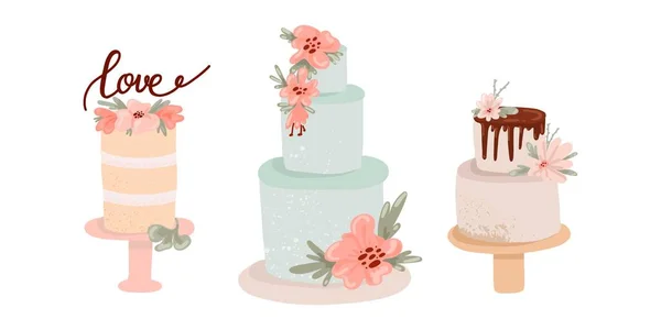结婚蛋糕 手工画的节日蛋糕 色彩艳丽 用奶油和巧克力装饰花卉 当代生日美味糖果系列 现代矢量隔离集 — 图库矢量图片