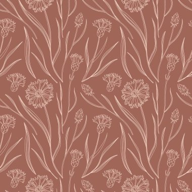 Çiçeklerin dikişsiz deseni. Elle boyanmış örme kumaş çiçekleri, yapraklar, gövde ve yapraklar. Bitkisel monokrom koleksiyonu, dekor tekstili, duvar kağıdı vektör desenli kumaş kaplaması