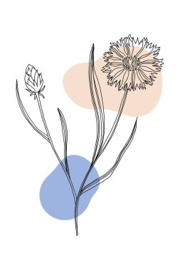 Çiçek posteri asgari düzeyde. El çizimi siyah örme kumaş çiçekleri ve soyut şekilli yapraklar. Bitki ve çayır bitkisi koleksiyonu, modern duvar resmi dekoru. Vektör botanik çizimi