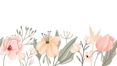 Pastel çiçekleri ve yapraklar. El yapımı Boho tarzı botanik kenarı, yumuşak renkler. Düğün ve sevgililer günü için romantik dekor. Kartlar vektörü çiçek posteri ya da afiş şablonu izole etti.