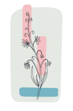Minimum çiçek posteri. El çizimi yabani çiçekler ve soyut şekilli yapraklar. Bitki ve çayır bitki koleksiyonu, modern duvar sanatı dekoru çiçek vektörü botanik illüstrasyon pembe, mavi renkler