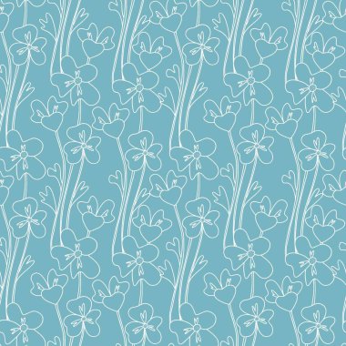 Yaban çiçeğinin en az pürüzsüz şekli. El çizimi çiçekler ve yapraklar, gövde ve taç yaprakları. Bitkisel monokrom zarif koleksiyonu, dekor tekstili, duvar kağıdı ambalajı. Vektör doku yazdırma kumaşı