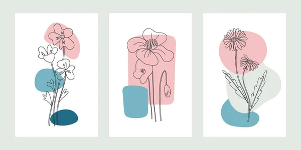 Ensemble Minimal Fleurs Ligne Dessinée Main Fleurs Sauvages Feuilles Avec — Image vectorielle