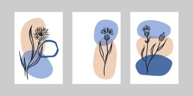 Çiçek asgari poster seti. El çizimi siyah örme kumaş çiçekleri ve soyut şekilli yapraklar. Bitki ve çayır bitkisi koleksiyonu, modern duvar resmi dekoru. Vektör botanik koleksiyonu