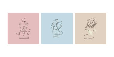 Çiçek hattı geçmişi. El yapımı yapraklar ve kupada çiçekler, çaydanlık ve bot, modern boho bahar mevsimi pastel renkler, poster duvar resimleri, vektör sosyal medya paylaşımları