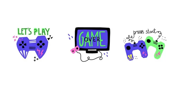 Video oyunları. Doodle el çizimi joystick, konsol ve harf, parlak modern çizgi film oyun konsepti, konsol veya pc için gamepad, t-shirt baskısı veya poster oyuncusu inek vektör izole çizim seti