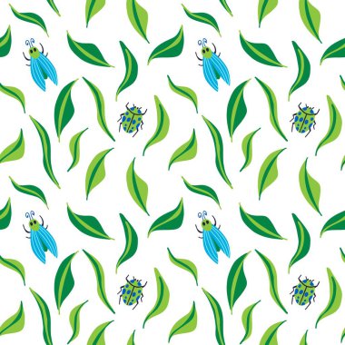Böceklerin kusursuz deseni. Çizgi film karalaması parlak renkli el çizimi böcek ve yeşil yapraklar, güzel botanik dekor tekstili, duvar kağıdı vektörü çiçek deseni ya da kumaş