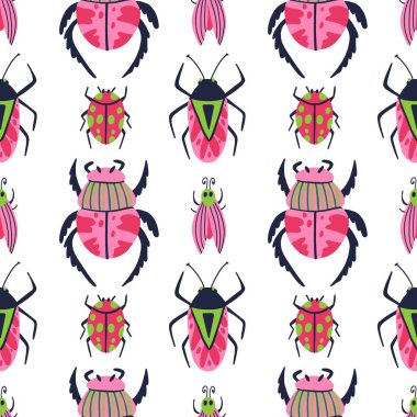 Çizgi film böceği kusursuz desen. Parlak renkli karalama böceği, güzel böcek beyazı ve pembe renkler modern arkaplan, çağdaş dekor tekstil ambalajı veya duvar kağıdı vektör baskısı veya kumaş