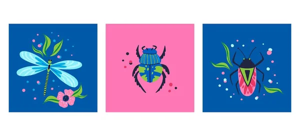 Cartoon Beetle Poster Set Doodle Bright Colorful Hand Drawn Bug — Διανυσματικό Αρχείο