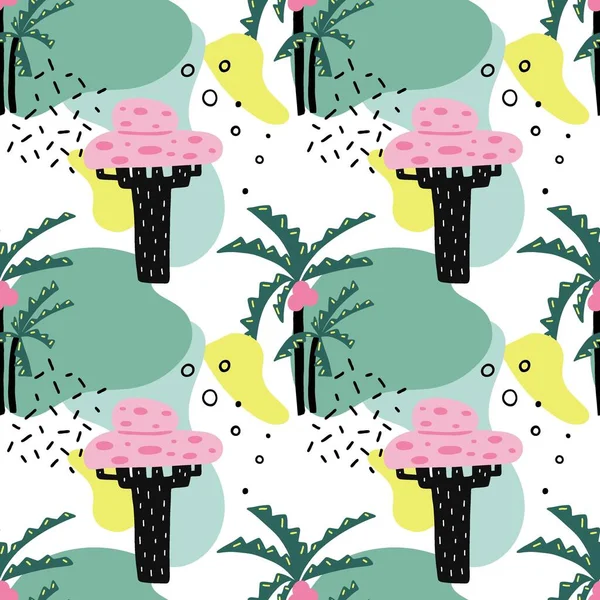 漫画熱帯ヤシの木シームレスなパターン 手描きの夏の様式化された植物 カラフルなジャングルの装飾繊維 包装紙壁紙ベクトルプリントやファブリック 抽象的なエキゾチックな植物の背景 — ストックベクタ