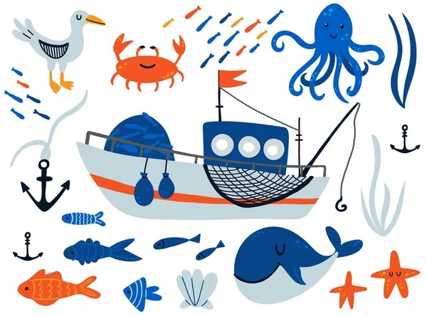 Barca Pesca Animali Subacquei Set Cartone Animato Disegnato Mano Vela — Vettoriale Stock