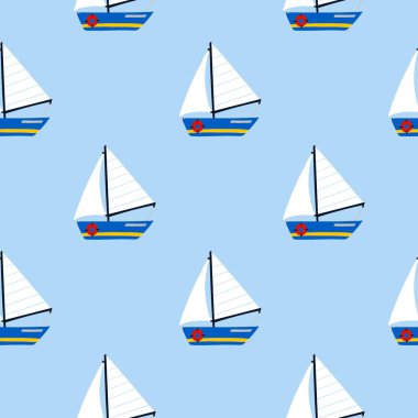 Yelkenli teknesi pürüzsüz. Çizgi filmlerdeki renkli yelkenli çocuksu koleksiyonu, mavi arka planda su taşımacılığı. Çocuklar tekstil dekorasyonu, ambalaj kağıdı, duvar kağıdı vektör baskısı veya kumaş