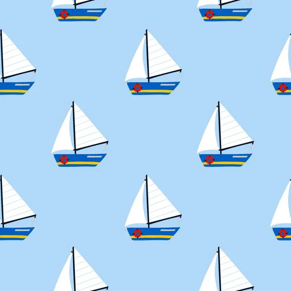 ヨットシームレスパターンセーリング 漫画の手の青の背景にカラフルな帆幼稚なコレクション 水輸送を描いた 子供の装飾テキスタイル 包装紙 壁紙ベクトルプリントまたはファブリック — ストックベクタ