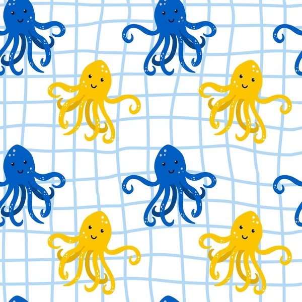 Bezešvý Vzor Chobotnice Karikatura Ručně Kreslené Barevné Námořní Dětinské Sbírky — Stockový vektor